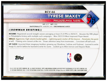 2025-26 Bowman Tyrese Maxey Card Chrome Philadelphia 76ers #BCV-66