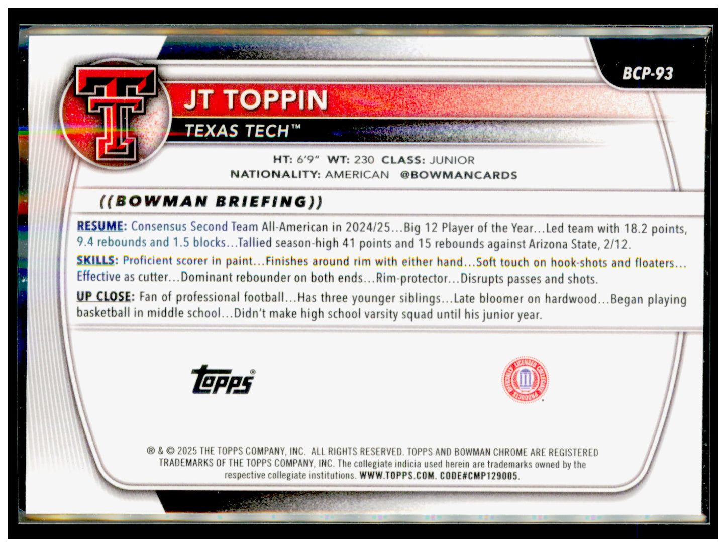 2025-26 Bowman JT Toppin Card Chrome Prospects Texas Tech Red Raiders #BCP-93