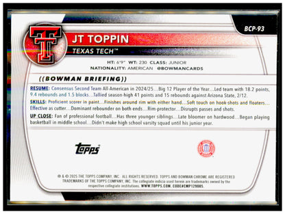2025-26 Bowman JT Toppin Card Chrome Prospects Texas Tech Red Raiders #BCP-93