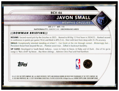 2025-26 Bowman Javon Small Card RC Memphis Grizzlies #46