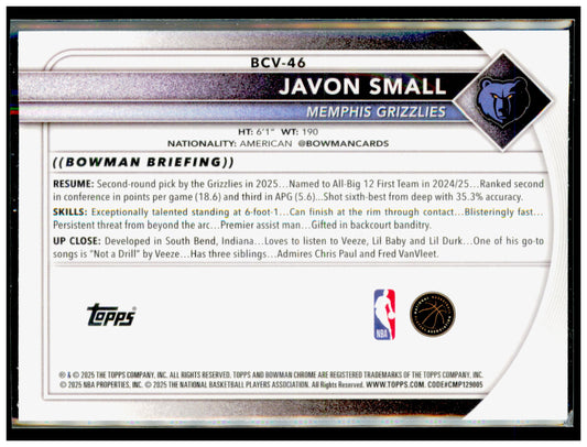 2025-26 Bowman Javon Small Card RC Memphis Grizzlies #46