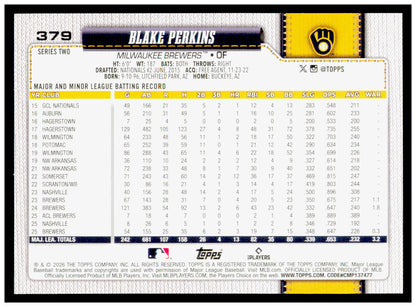 2026 Topps Blake Perkins Card Milwaukee Brewers #379