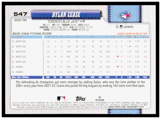 2026 Topps Dylan Cease Card Toronto Blue Jays #547