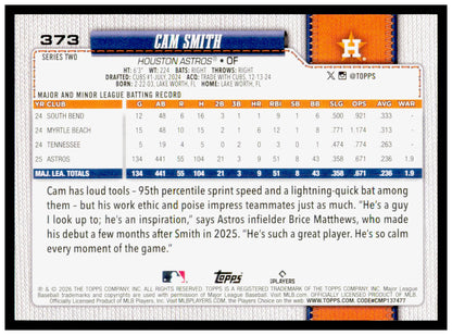 2026 Topps Cam Smith Card Houston Astros #373