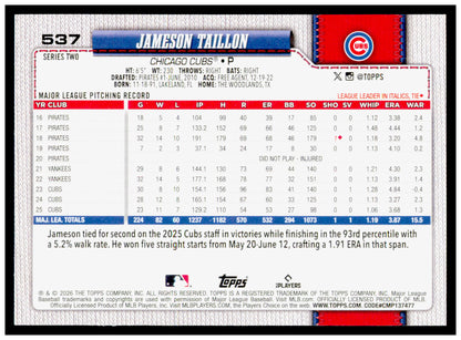 2026 Topps Jameson Taillon Card Chicago Cubs #537