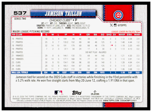2026 Topps Jameson Taillon Card Chicago Cubs #537