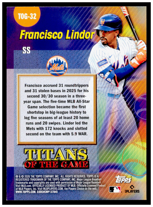 2026 Topps Francisco Lindor Card Titans of the Game New York Mets #TOG-32