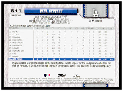 2026 Topps Paul Gervase Card RC Los Angeles Dodgers #611