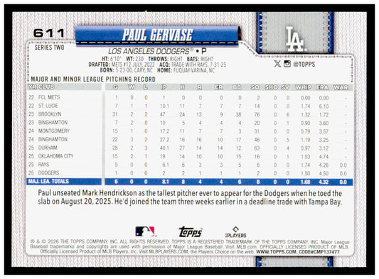 2026 Topps Paul Gervase Card RC Los Angeles Dodgers #611