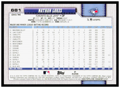 2026 Topps Nathan Lukes Card Toronto Blue Jays #681