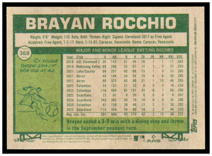 2026 Topps Heritage Brayan Rocchio Card Cleveland Guardians #368