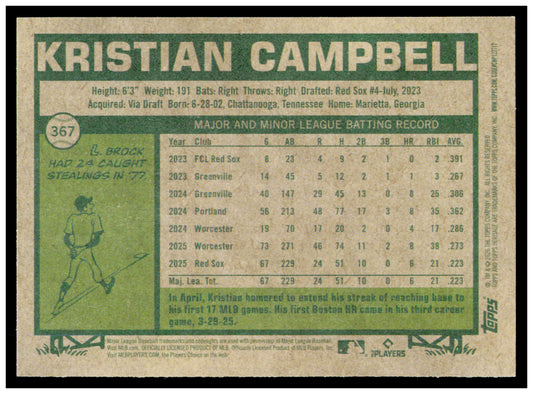2026 Topps Heritage Kristian Campbell Card Boston Red Sox #367