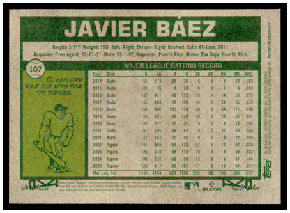 2026 Topps Heritage Javier Báez Card Dark Green Detroit Tigers #107