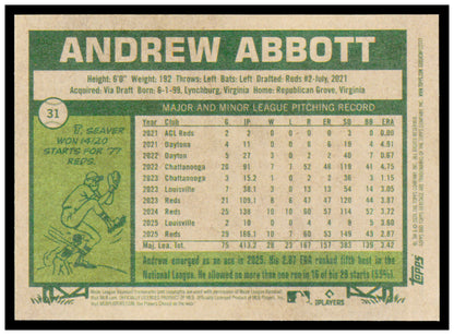2026 Topps Heritage Andrew Abbott Card Cincinnati Reds #31