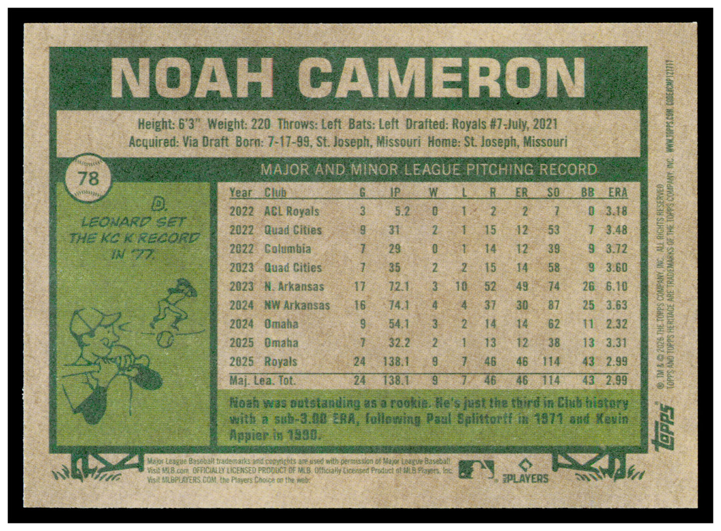 2026 Topps Heritage Noah Cameron Card Kansas City Royals #78