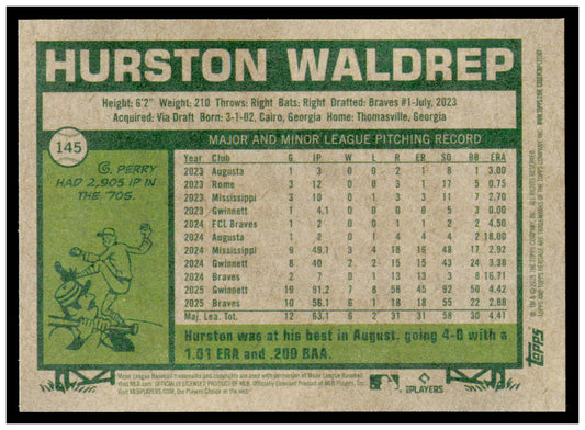 2026 Topps Heritage Hurston Waldrep Card Atlanta Braves #145