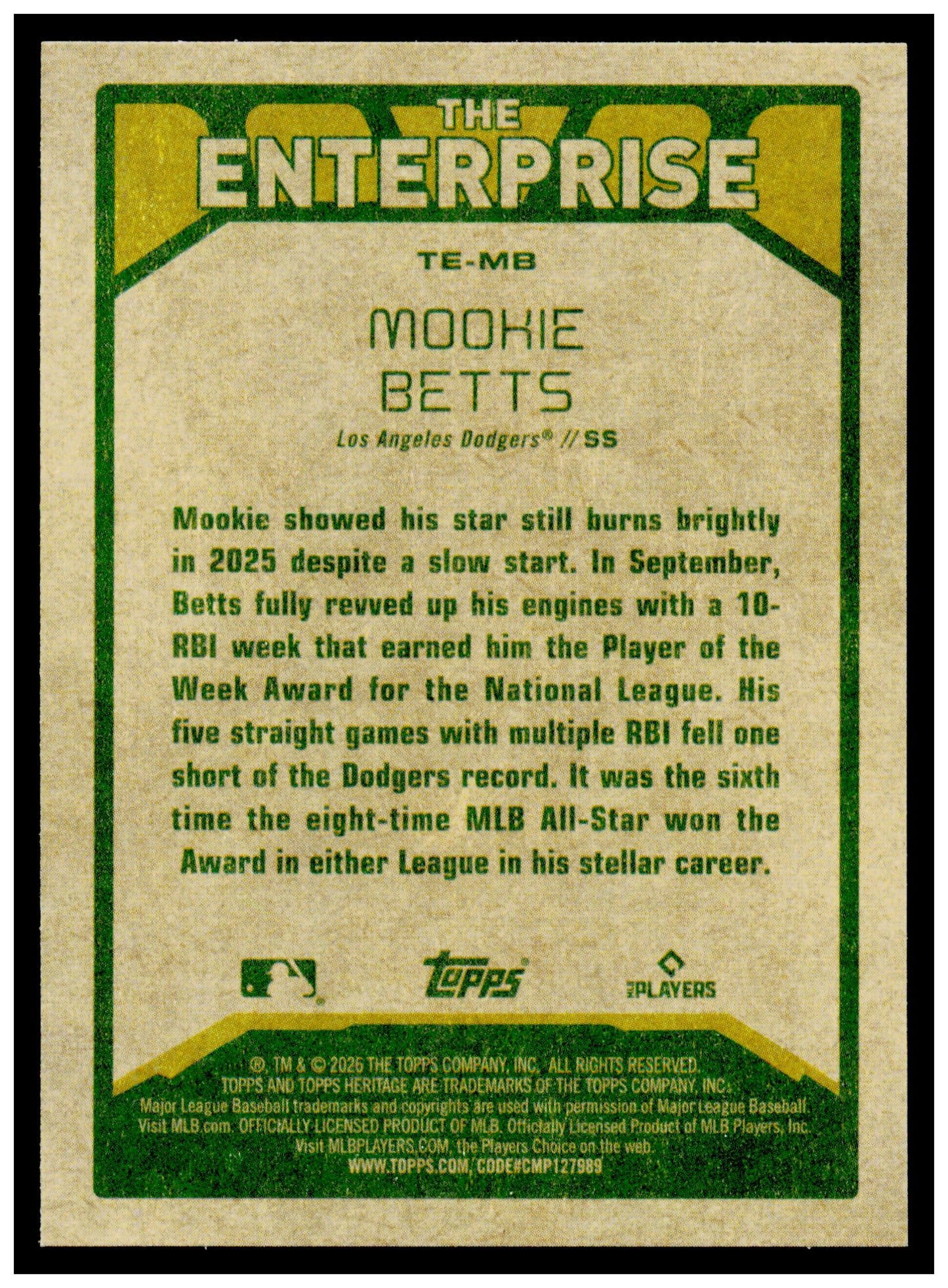 2026 Topps Heritage Mookie Betts Card The Enterprise Los Angeles Dodgers #TE-MB