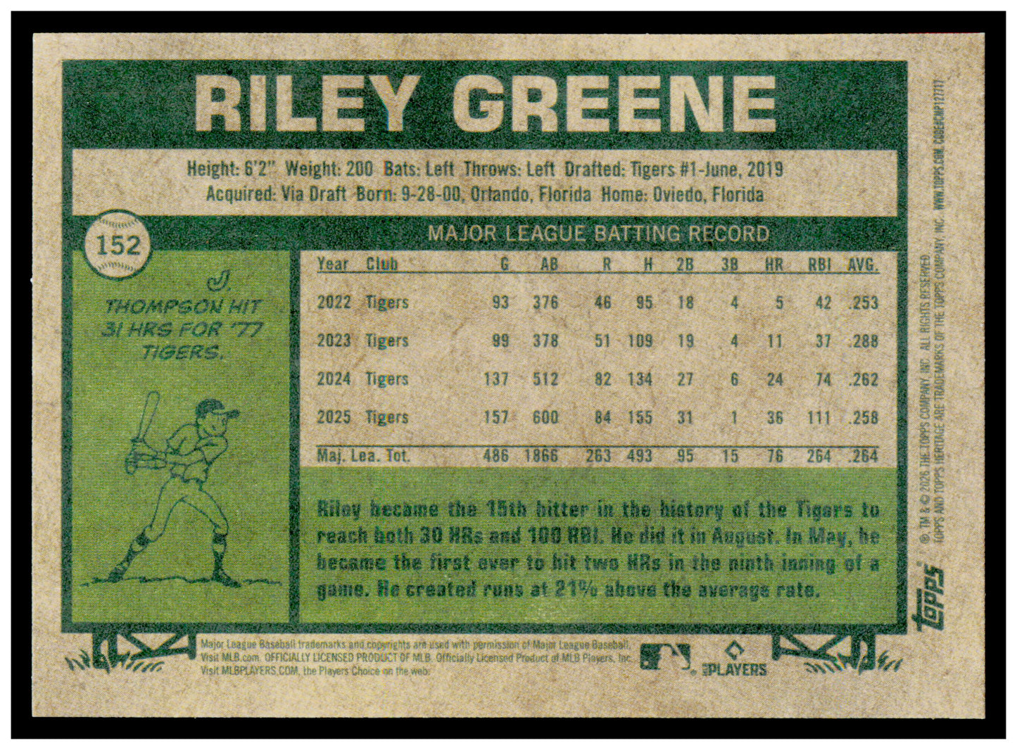 2026 Topps Heritage Riley Greene Card Detroit Tigers #152
