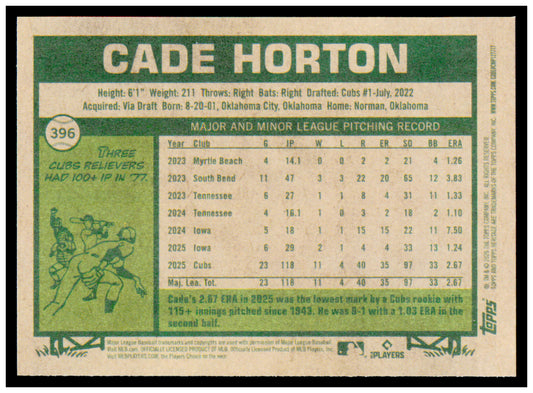 2026 Topps Heritage Cade Horton Card Chicago Cubs #396