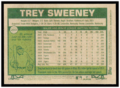 2026 Topps Heritage Trey Sweeney Card Detroit Tigers #203