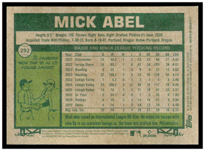 2026 Topps Heritage Mick Abel Card Minnesota Twins #292