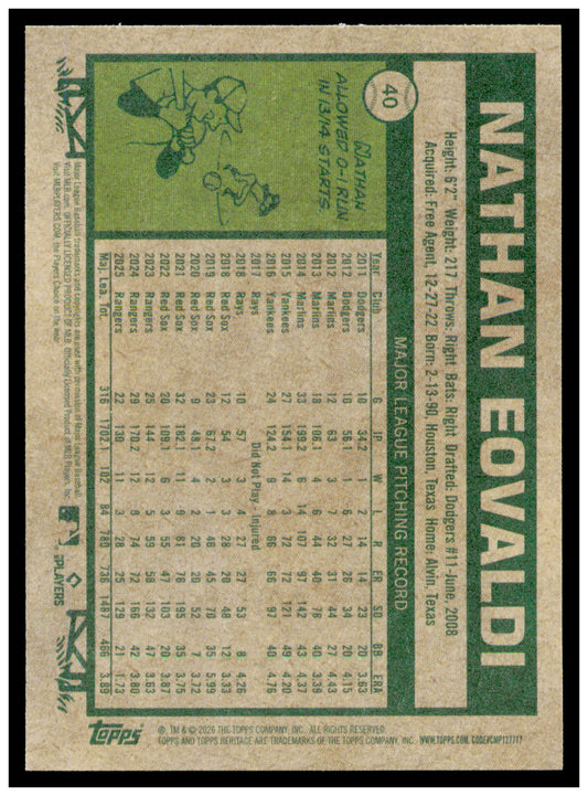 2026 Topps Heritage Nathan Eovaldi Card Texas Rangers #40