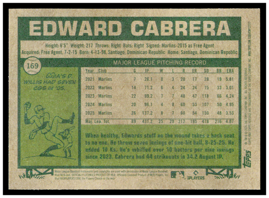 2026 Topps Heritage Edward Cabrera Card Miami Marlins #169