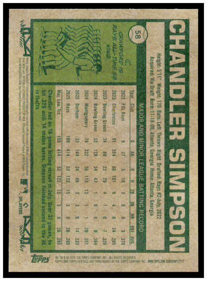 2026 Topps Heritage Chandler Simpson Card Tampa Bay Rays #58