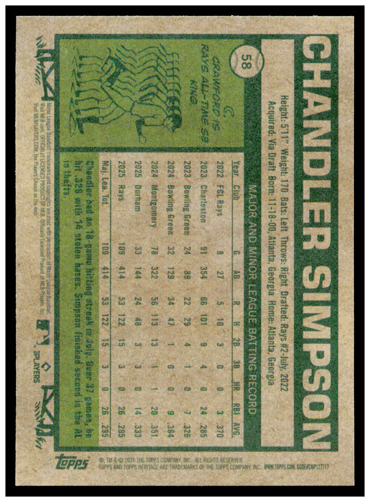2026 Topps Heritage Chandler Simpson Card Tampa Bay Rays #58