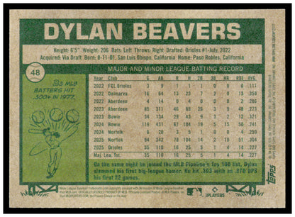 2026 Topps Heritage Dylan Beavers Card RC Baltimore Orioles #48