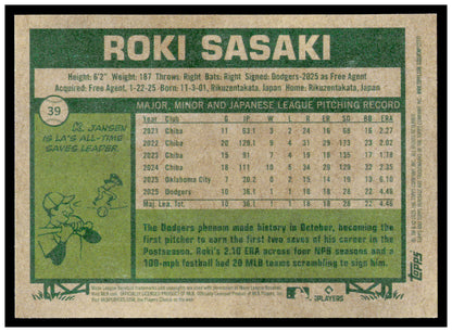 2026 Topps Heritage Roki Sasaki Card Los Angeles Dodgers #39