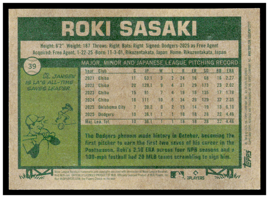 2026 Topps Heritage Roki Sasaki Card Los Angeles Dodgers #39