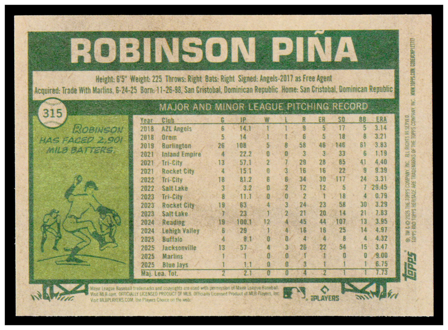 2026 Topps Heritage Robinson Pina Card RC Toronto Blue Jays #315