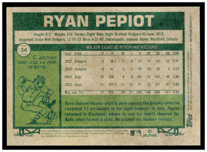 2026 Topps Heritage Ryan Pepiot Card Tampa Bay Rays #34