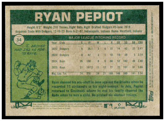 2026 Topps Heritage Ryan Pepiot Card Tampa Bay Rays #34