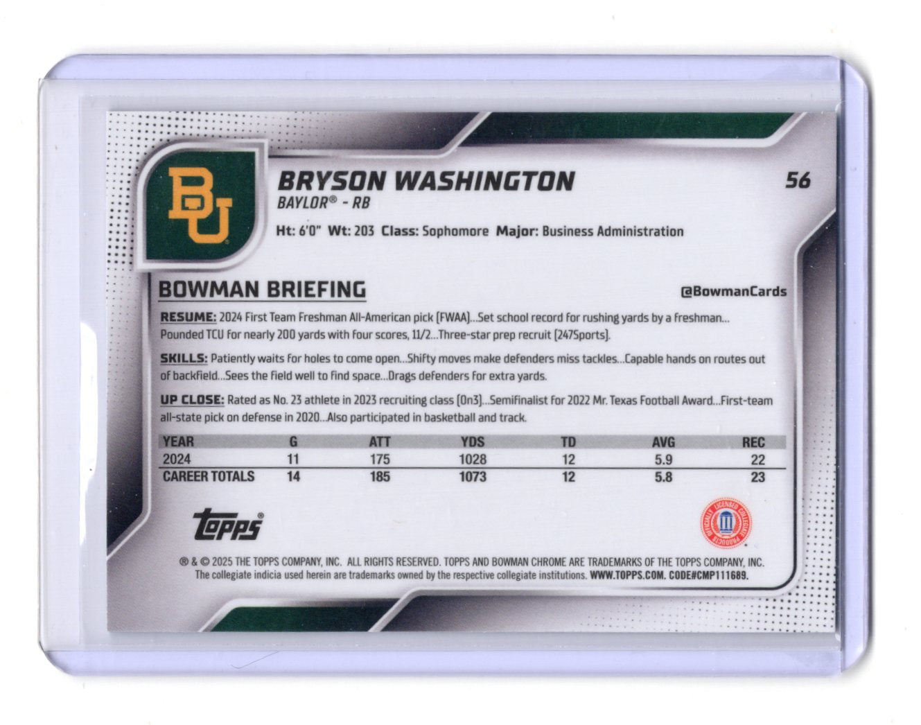 2025 Bowman Chrome University Bryson Washington Aqua Mini Diamond /325 1st RC