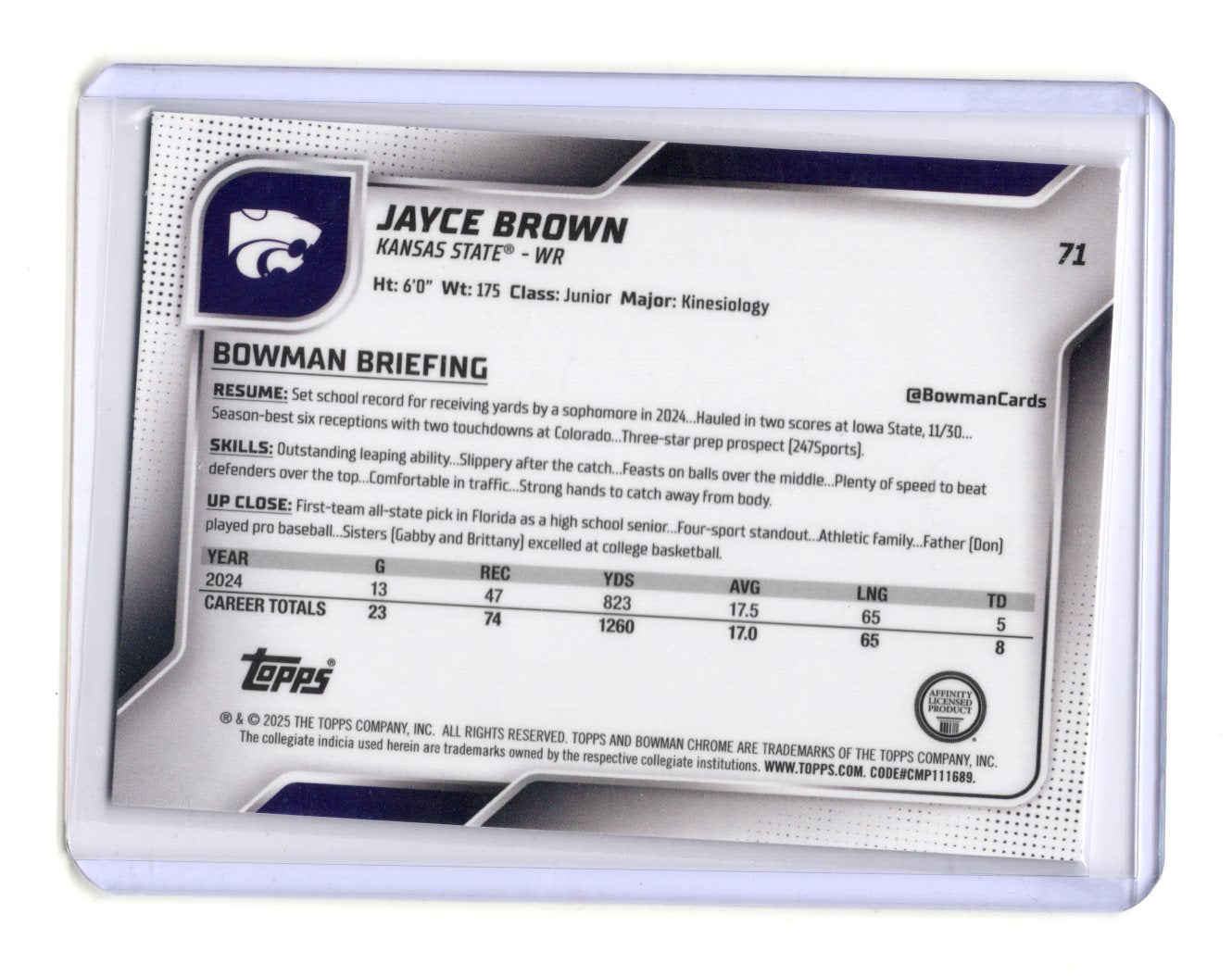 2025 Bowman Chrome U Jayce Brown Fuchsia Mini-Diamond /225 1st RC #71