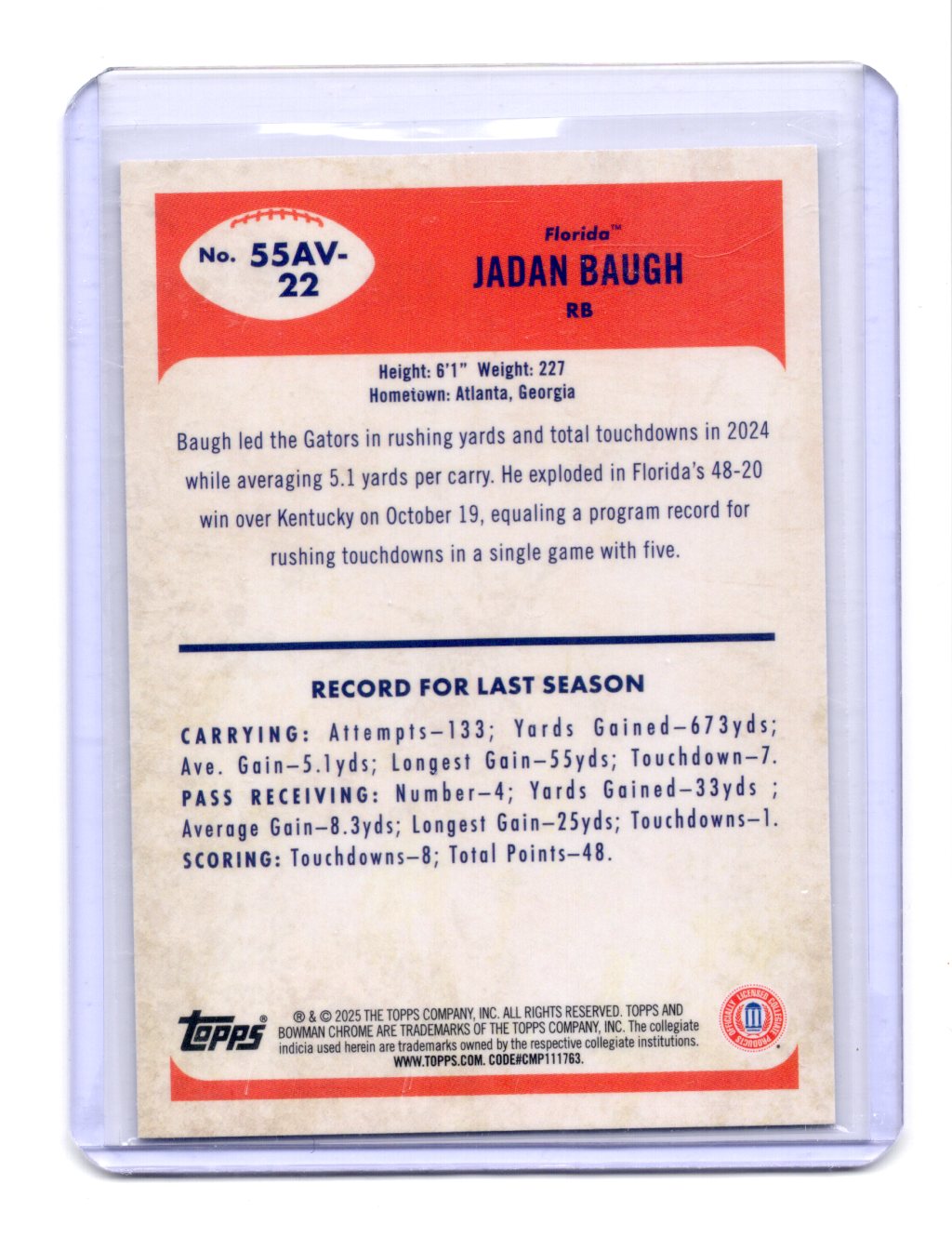 2025 Bowman University Chrome Jadan Baugh Card 1955 Bowman Football Florida