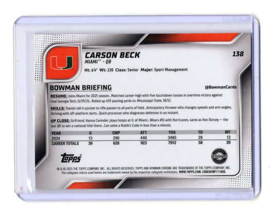 2025 Bowman University Chrome Carson Beck Card Xfractor Miami Hurricanes #138