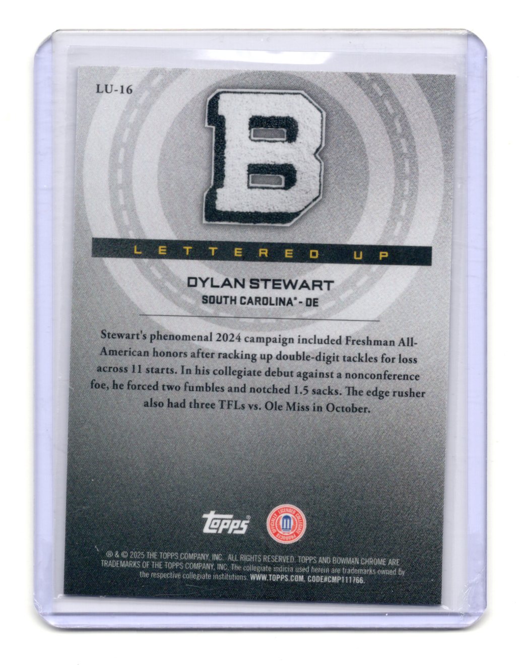 2025 Bowman University Chrome Dylan Stewart Card Lettered Up South Carolina