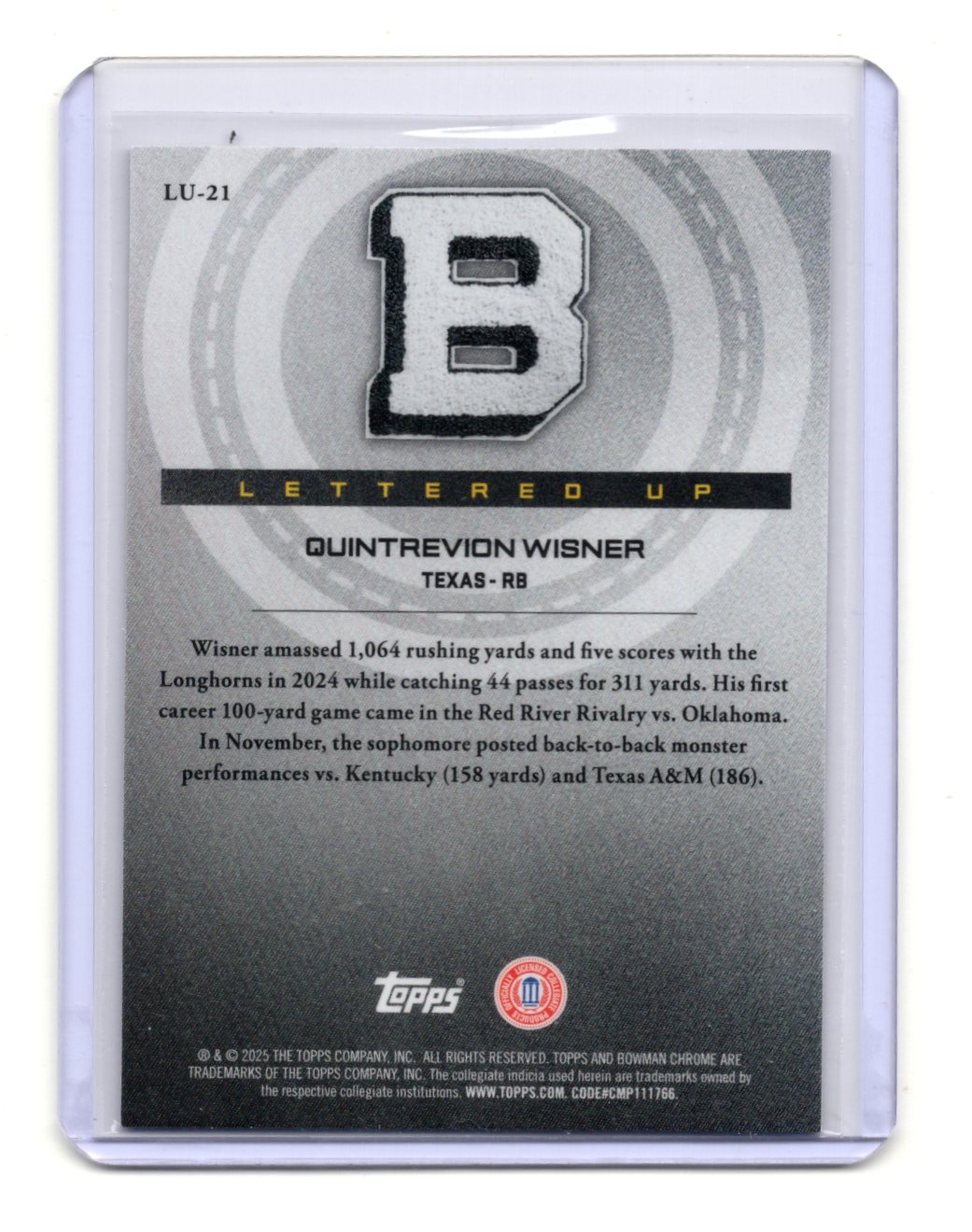 2025 Bowman University Chrome Quintrevion Wisner Card Lettered Up Texas
