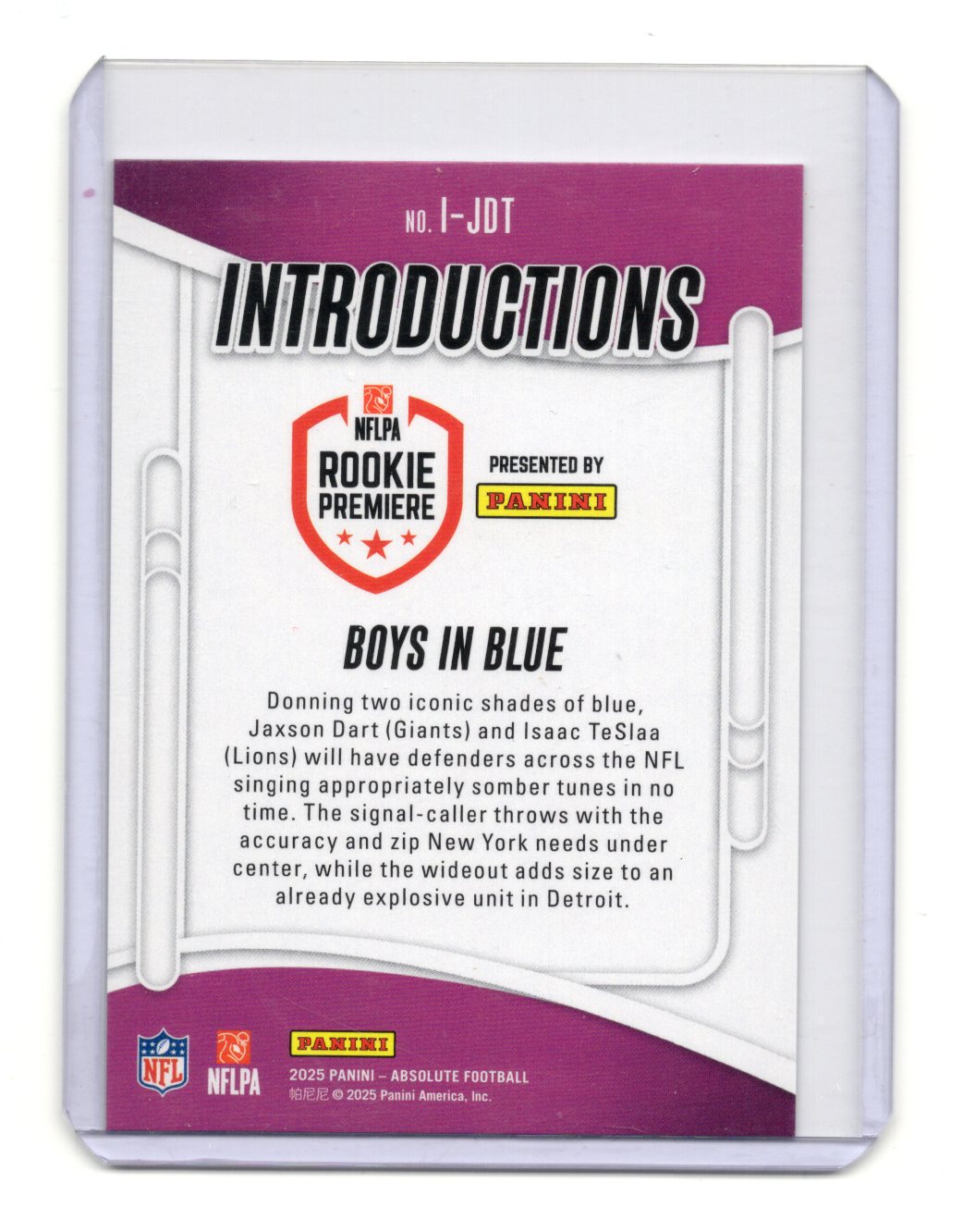 2025 Panini Absolute Boys In Blue Card Introductions Lions / Giants #I-JDT