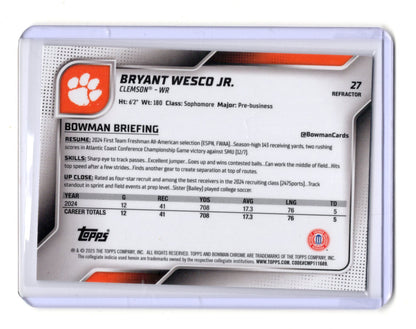 2025 Bowman Chrome U Bryant Wesco Jr Refractor Clemson 1st Prospect RC #27