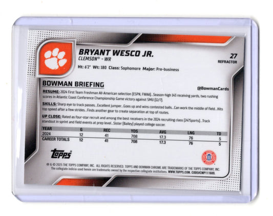 2025 Bowman Chrome U Bryant Wesco Jr Refractor Clemson 1st Prospect RC #27