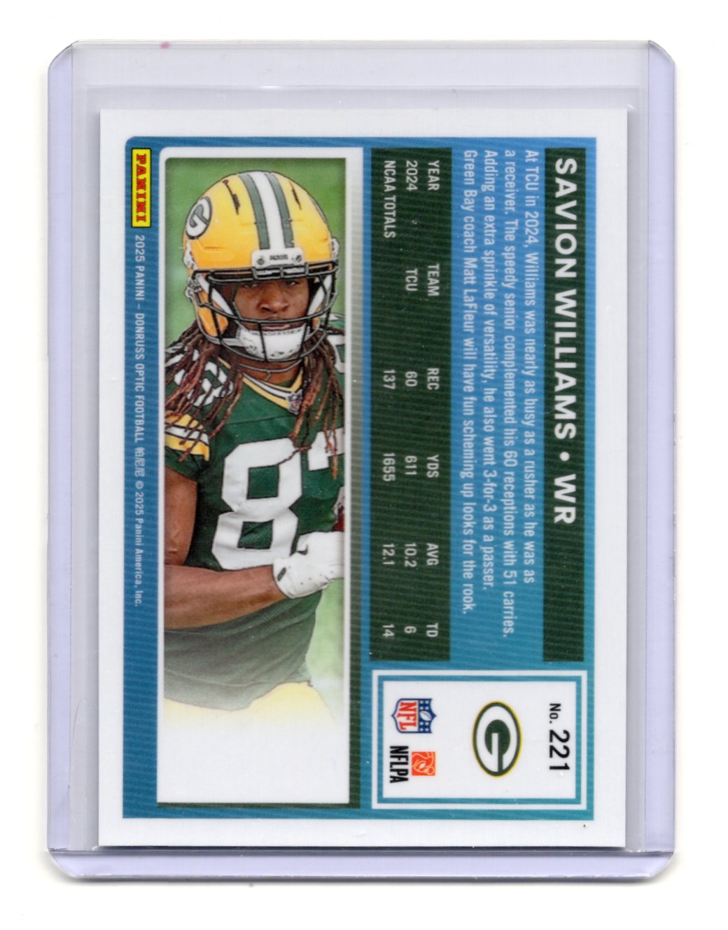 2025 Donruss Optic Savion Williams Card RC Green Bay Packers #221