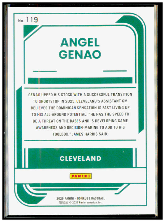 2026 Donruss Angel Genao Card Optic Cleveland Guardians #119