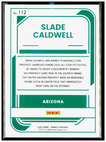 2026 Donruss Slade Caldwell Card Arizona Diamondbacks #112