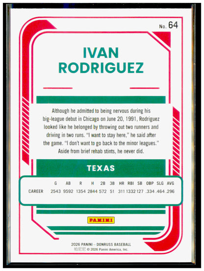 2026 Donruss Ivan Rodriguez Liberty Foil #64 Rangers HOF Pudge