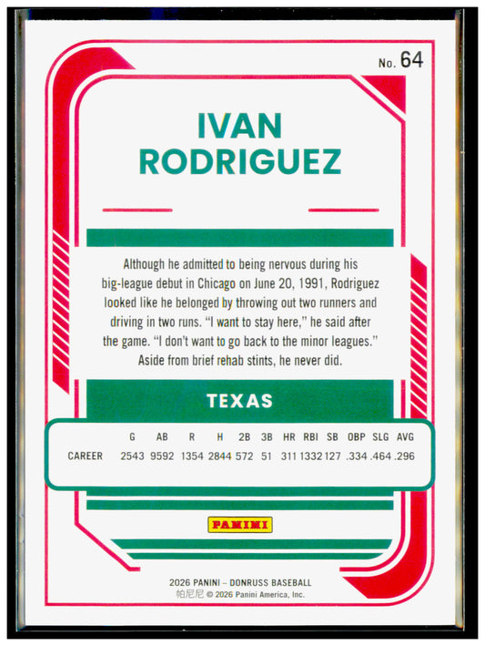 2026 Donruss Ivan Rodriguez Liberty Foil #64 Rangers HOF Pudge