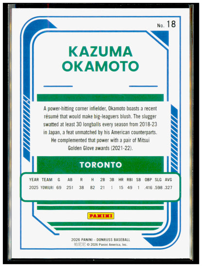 2026 Donruss Kazuma Okamoto Card Red and Blue RC Toronto Blue Jays #18